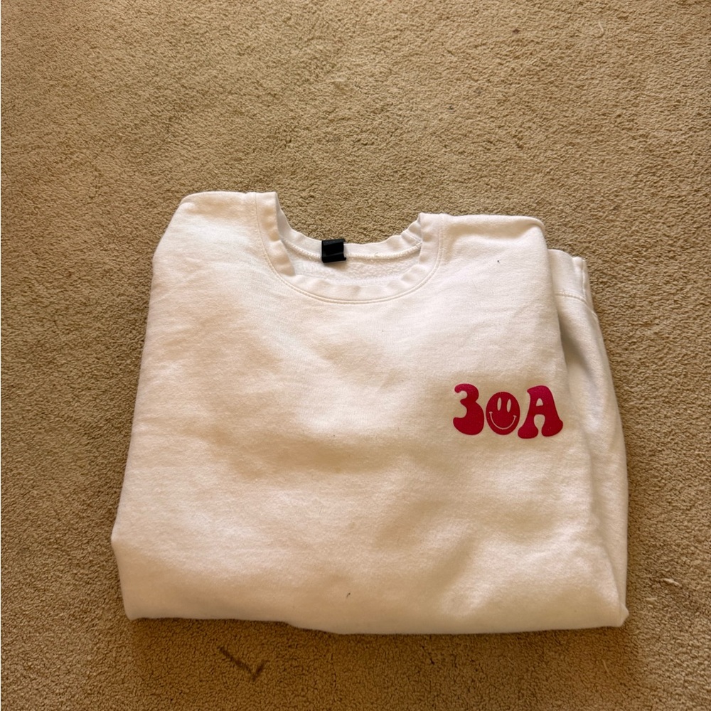 30a White Sweatshirt with Red text